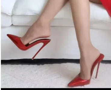 Summer black patent leather high heels with pointed toes shallow mouth thin heels slippers sexy versatile plus size lazy shoes