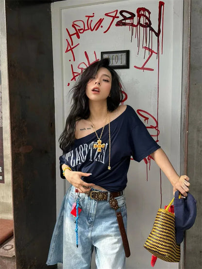 Yedinas Loose Off Shoulder Letter Graphic T Shirts Woman Clothing Short Sleeve American Retro Summer Tops Korean Style Y2k Tees