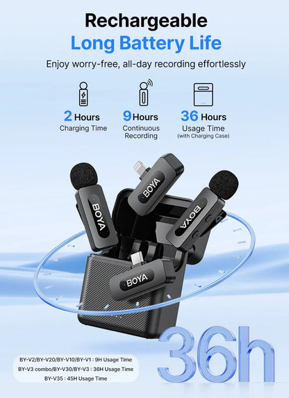 BOYA BY-V3 Wireless Lavalier Lapel Mirophone Noise-cancelling Rechargeable Mic for iPhone Android Camera Live Streaming Vlogging