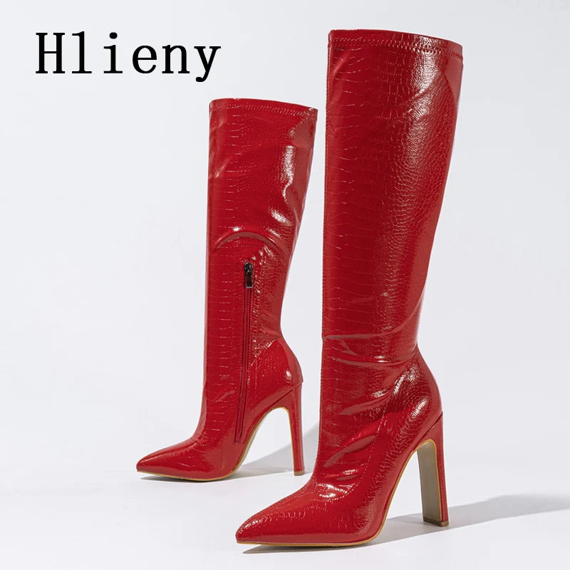 Hlieny Autumn Winter Fashion Women Knee High Motorcycle Boots Sexy Pointed Toe Square Heels Long Zipper Female Botas Shoes
