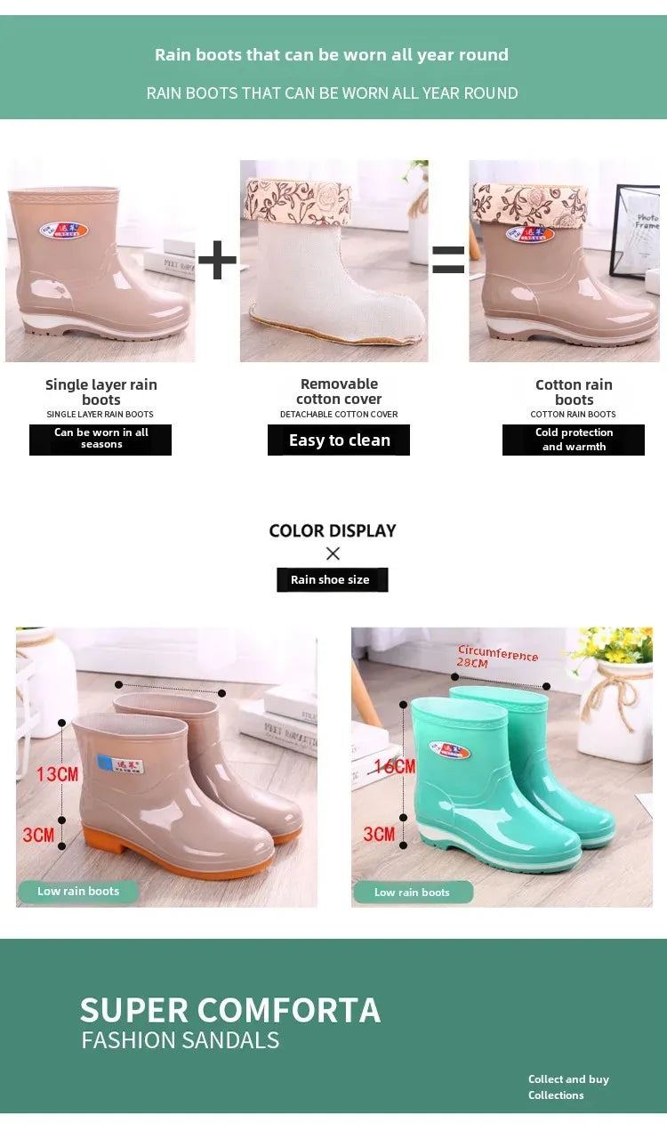 Women's Short Rain Shoes Non-slip Waterproof Rubber Boots Durable Wear-resistant Rain Boots Fleece Lined Warm Shoes Wholesale