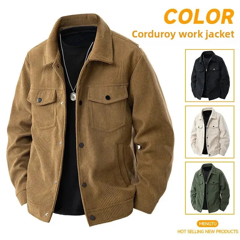Spring and Autumn men's corduroy lapel jacket 2025 men's new American retro brand loose and handsome multi-pocket cargo jacket