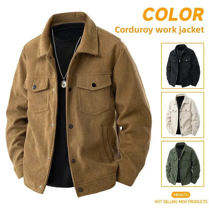 Spring and Autumn men's corduroy lapel jacket 2025 men's new American retro brand loose and handsome multi-pocket cargo jacket