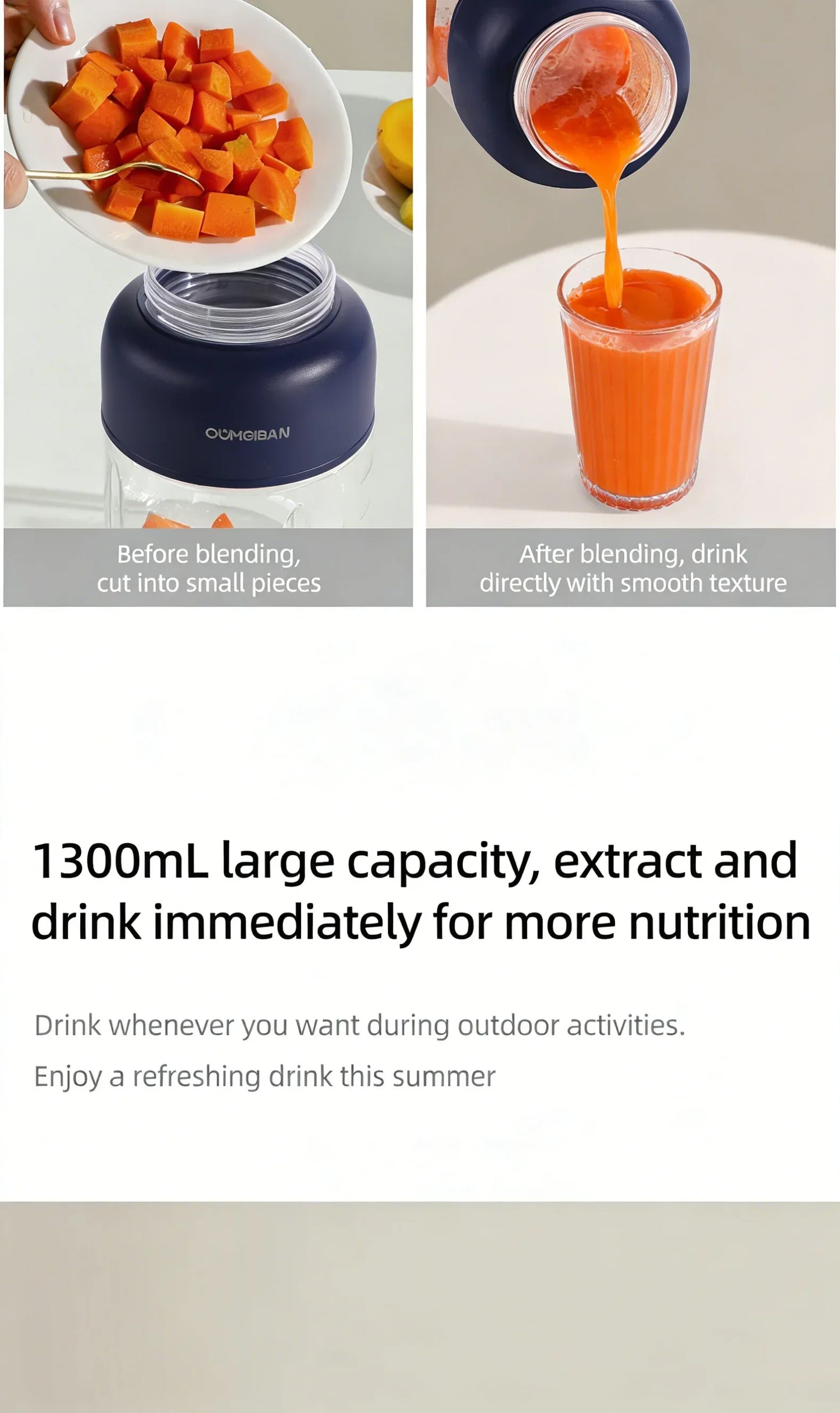 1300ML USB Rechargeable Portable Juicer, 46 Blades Fresh Fruit Mixer, Multifunctional Ice Crusher Smoothie Blender for Home