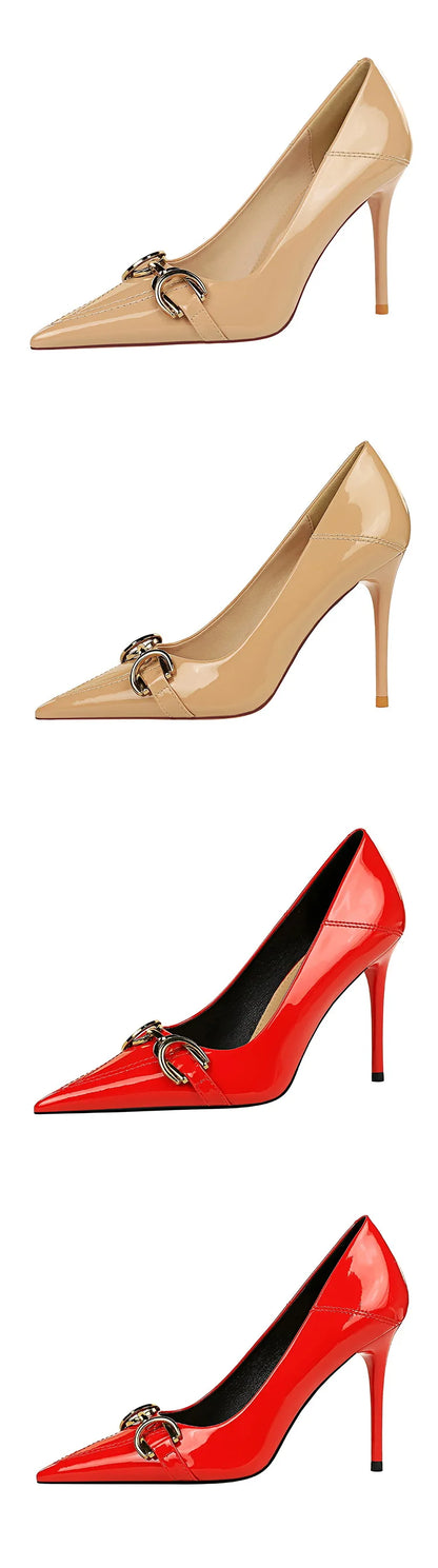 Luxury Design Women 10cm High Heels Metal Buckle Green Pumps Lady Plus Size Wedding Stiletto Heels Party Nude Replica Prom Shoes
