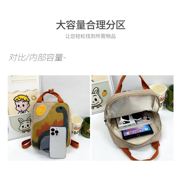 New Embroidery Sun Long Neck Small Dinosaur Backpack Hook Hair Embroidered Cartoon Canvas Kindergarten Children Backpack