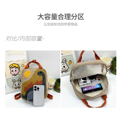 New Embroidery Sun Long Neck Small Dinosaur Backpack Hook Hair Embroidered Cartoon Canvas Kindergarten Children Backpack