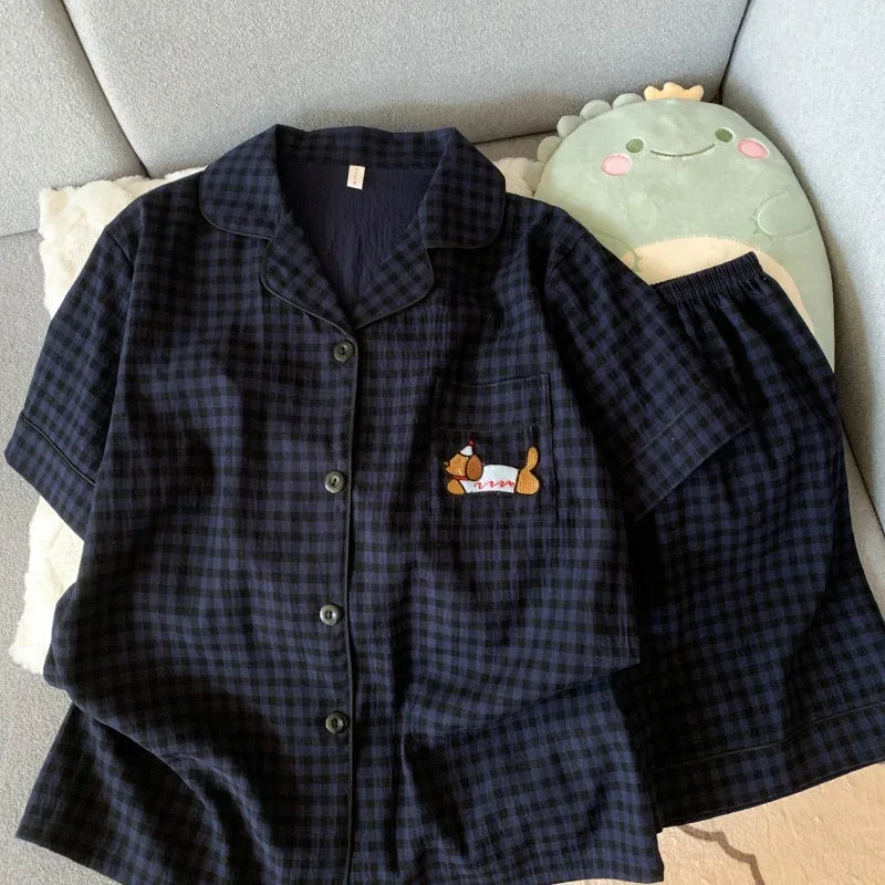 Embroidery Dog Sweet Fashion Cute Pajamas Set for Women Plaid Lapel Neck Elastic Waist Design Pajamas Short New Casual Nightwear