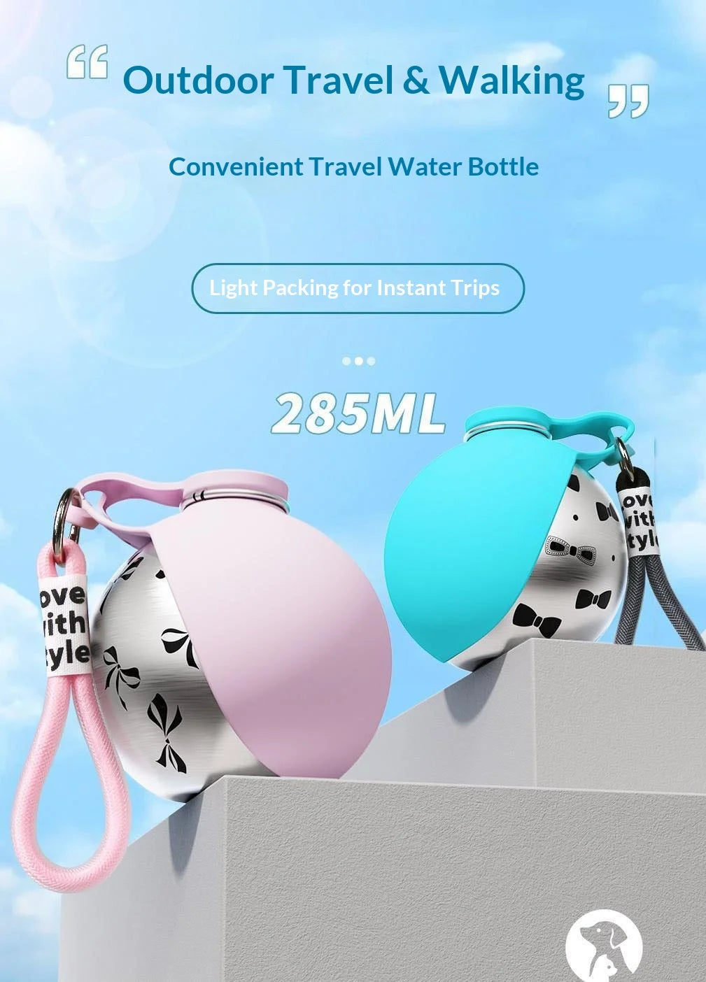 Lovewithstyle Dog Portable Water Bottle 304 Stainless Steel Ball Shaped Refillable Foldable Hook Outdoor Walking Hiking For Pet