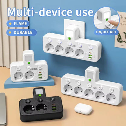 EU Plug Power Strip with 3 AC Outlets +2 USB Ports+ 1 Type C, 6-in-1 Plug Socket Adapter Wireless Wall Charger for Home Office