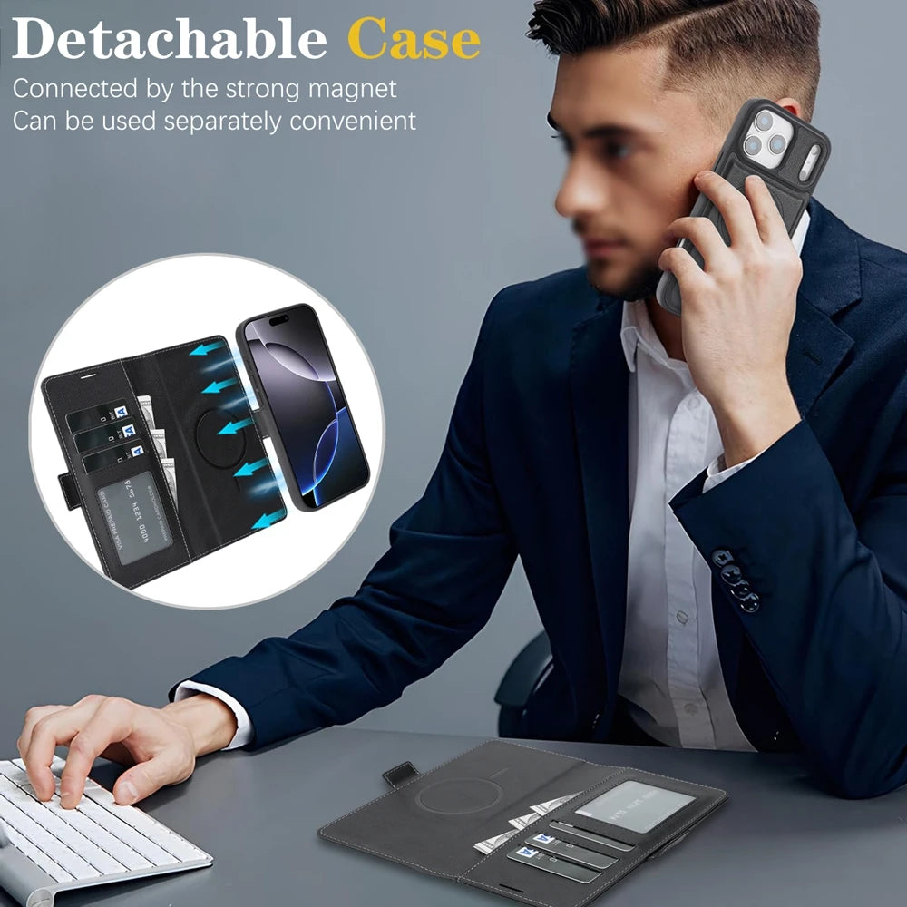 2 in 1 Magsafe Wallet Case For iPhone 17 Promax Air 16 Pro Max 15 Plus 14 13 12 iphone17 Cards Slot Leather Flip Phone Cover