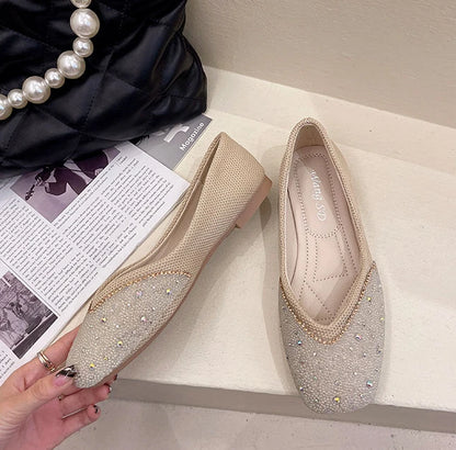 Shoes for Woman 2025 Diamond Flats Women's Summer Footwear Flat Square Toe Pink with Crystals Rhinestone Office 39 Beau Today E