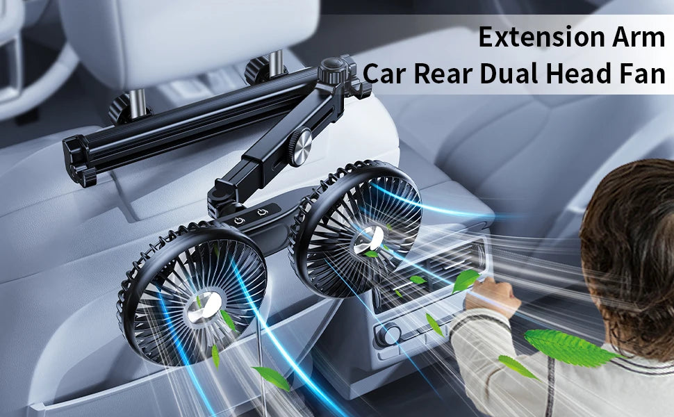 Eary Car Dual Head Fan Mount Back Seat With 3 Wind Speeds 360 Multi-Angle Adjustable Summer Air Cooling Fan With 2 Hidden Hooks