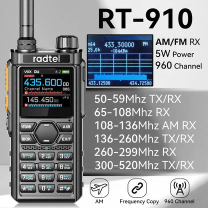Radtel RT-910 Dual Band Walkie Talkie with 960 Channels Portable Ham Radio NOAA Spectrum Analyzer AM FM