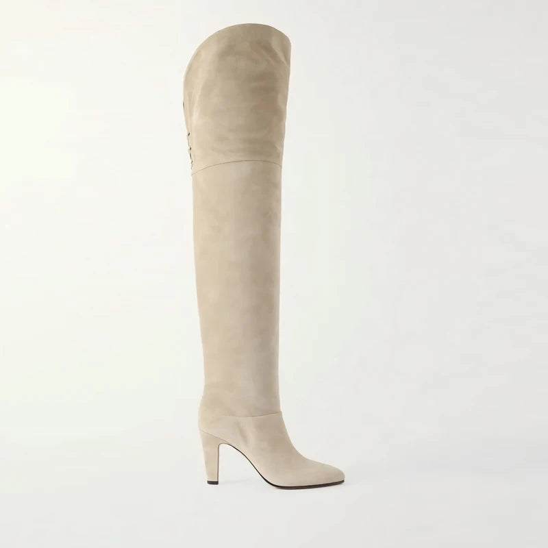 Autumn and Winter Women's Thick High-heeled Knee High Boots, Round Headed Cowhide Suede Fashionable Women's Plus Size Boots