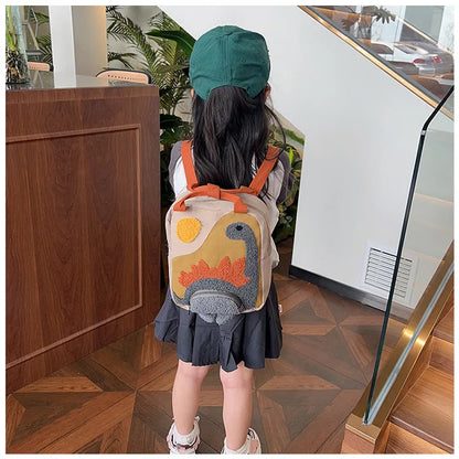 New Embroidery Sun Long Neck Small Dinosaur Backpack Hook Hair Embroidered Cartoon Canvas Kindergarten Children Backpack
