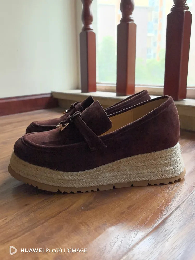 MKKHOU Fashion Loafers New High Quality Real Leather Suede Vintage Straw Braid Platform Shoes Daily Casual Light Shoes Neutral