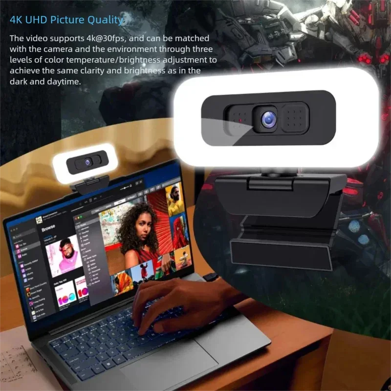 4K Webcam with Light Full HD 2K 1080P Live Streaming Web Cam for PC Laptop Auto Focus Computer Camera with Microphone