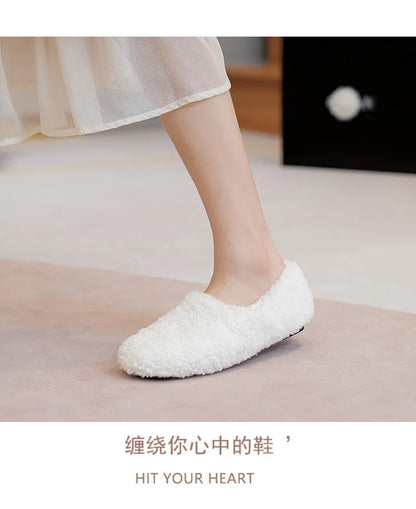 Big Size 43 Women Lambswool Slippers Winter Sheep Fur Shoes Ladies Flat Cotton Slides Home Pantuflas Daily Slip On Furry Mules