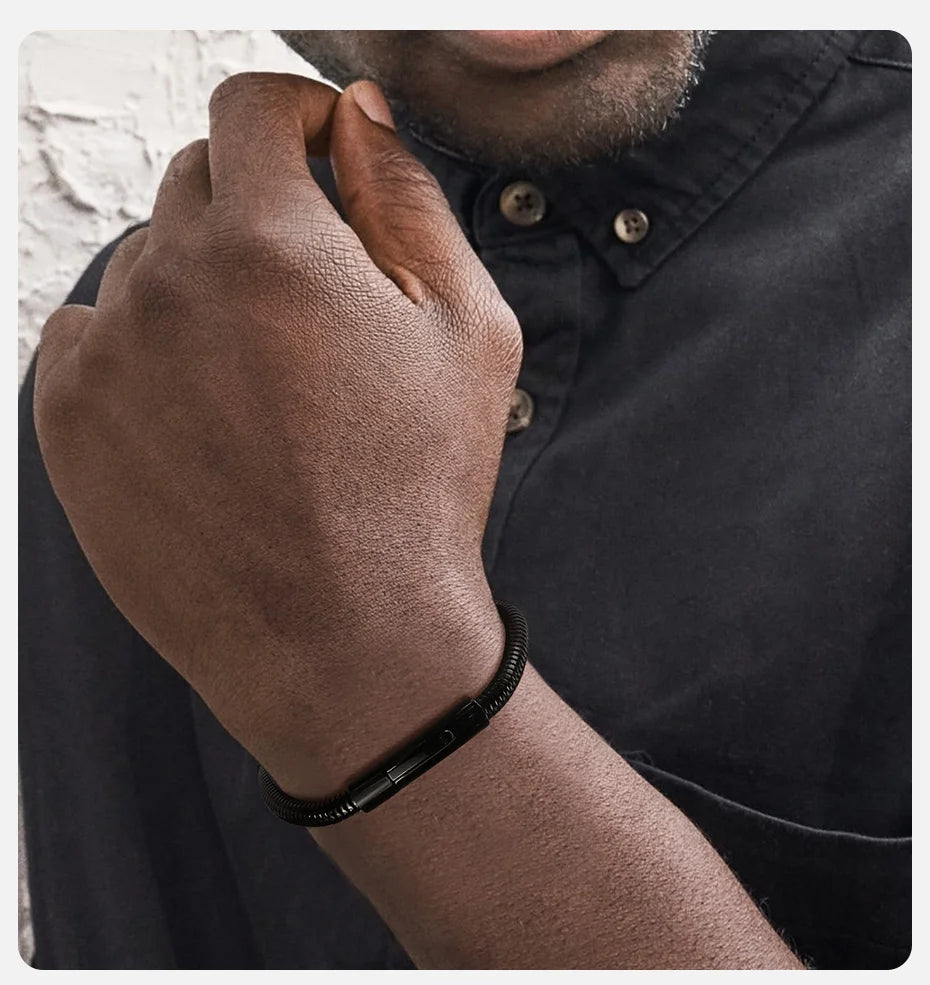 Vnox 5mm Round Snake Chain Bracelets for Men Women Black Silver Color Waterproof Cocoon Links Wristband Simple Cool Jewelry