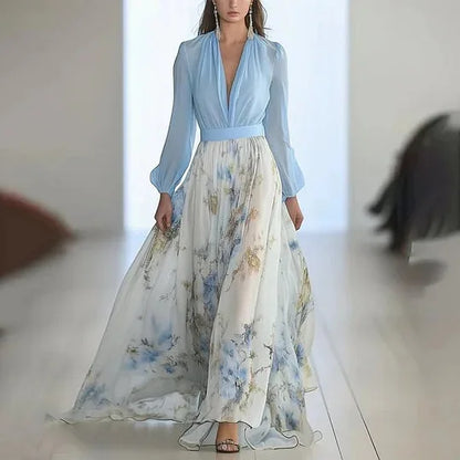 Fashion Floral Print Bohemian Long Dress Woman 2025 Deep V Neck Puff Long Sleeve Slim Waist Patchwork Maxi Dress Summer Vacation