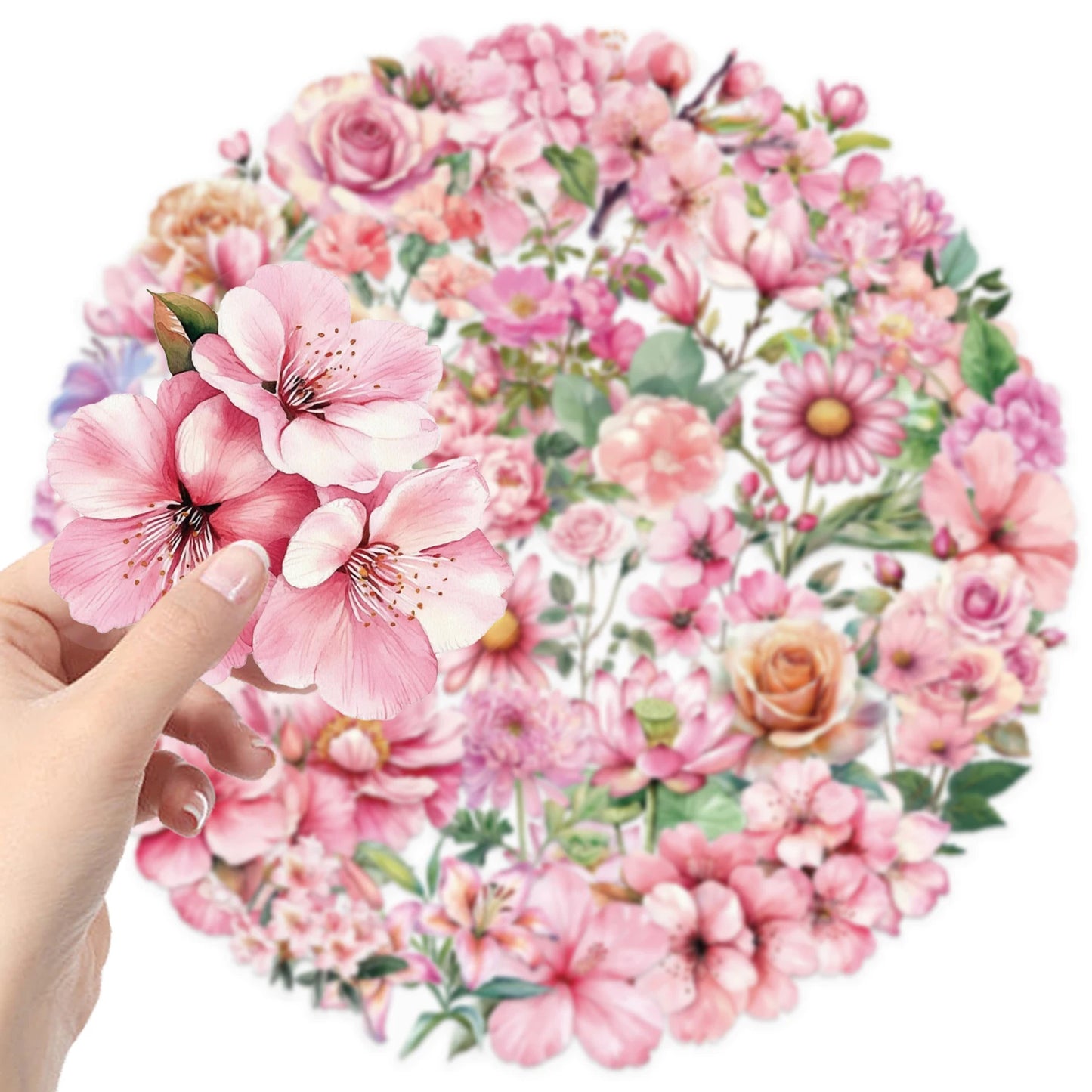 50pcs Pink Floral Stickers Flower Natural Journaling Notebook Water Bottle Decorative Decals Aesthetic Waterproof PET Sticker