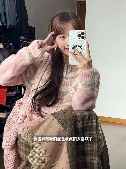 Cardigan Women Sweet Preppy Style Sweater Jacquard Knitted Soft Gentle Stylish Autumn Winter Outwear All-match Harajuku Chic