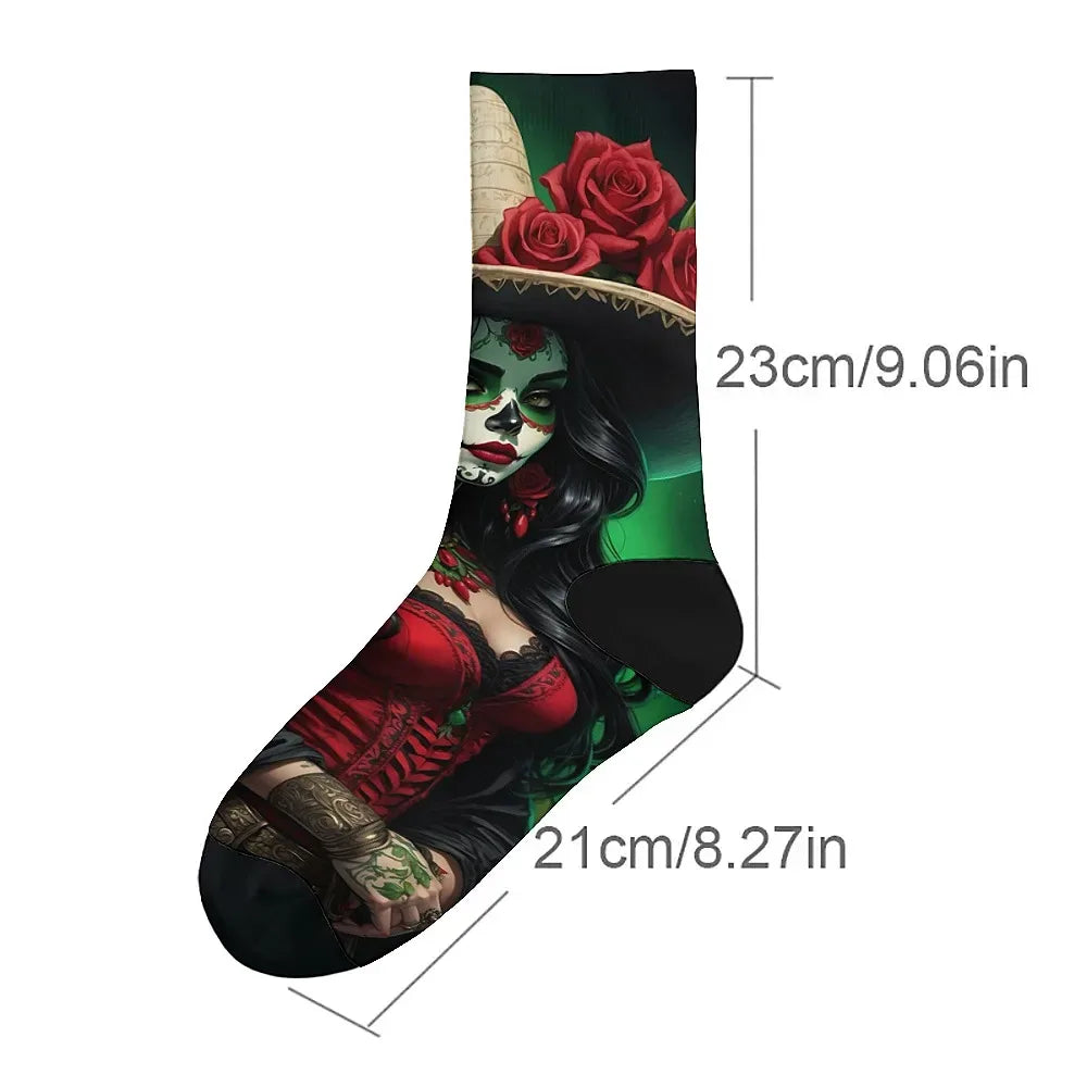 Mens Art Day of the Dead Themed Socks Mexican Grim Reaper Vintage Floral Design Soft Breathable Crew Socks Novelty Holiday Gift