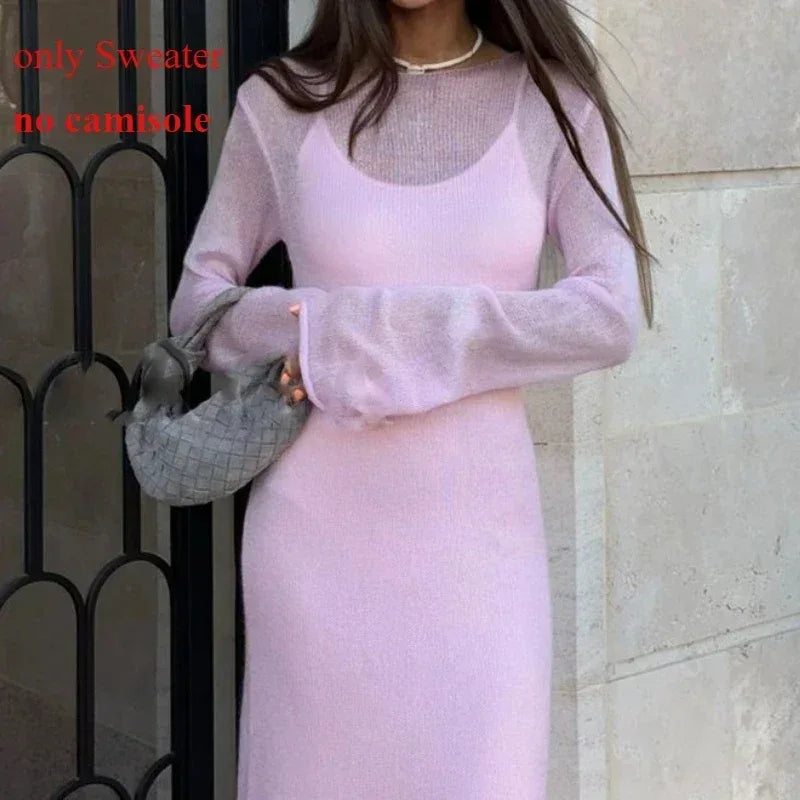 Spring Autumn O-Neck Elastic Knit Long Dresses Women 2024 Elegant Chic Soft Lady Hollowing Sweater Dresses Femme New