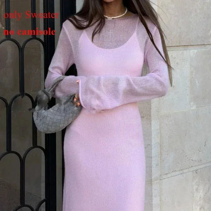 Spring Autumn O-Neck Elastic Knit Long Dresses Women 2024 Elegant Chic Soft Lady Hollowing Sweater Dresses Femme New