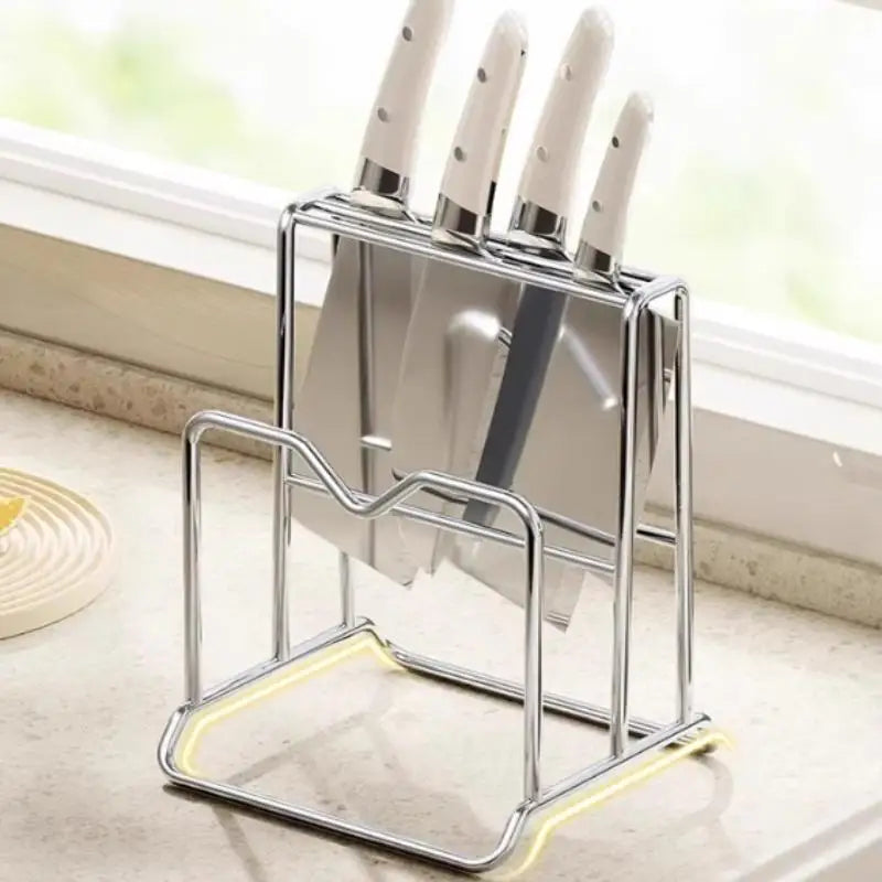 ♥Stainless Steel Kitchen Organizer Stand - Knife & Cutting Board Holder, Rounded Corner Countertop Storage Rack