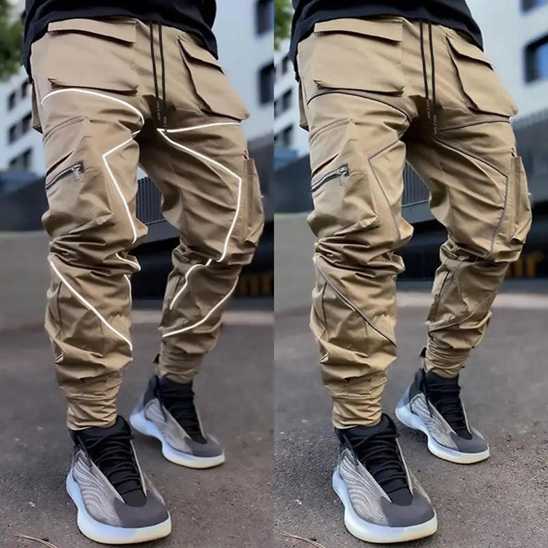 Men Casual Black Cargo Pants Oversize Striped Pocket Sweatpants Gym Sports Fitness Hip Hop Jogger Baggy Trousers Pantalon Hommes