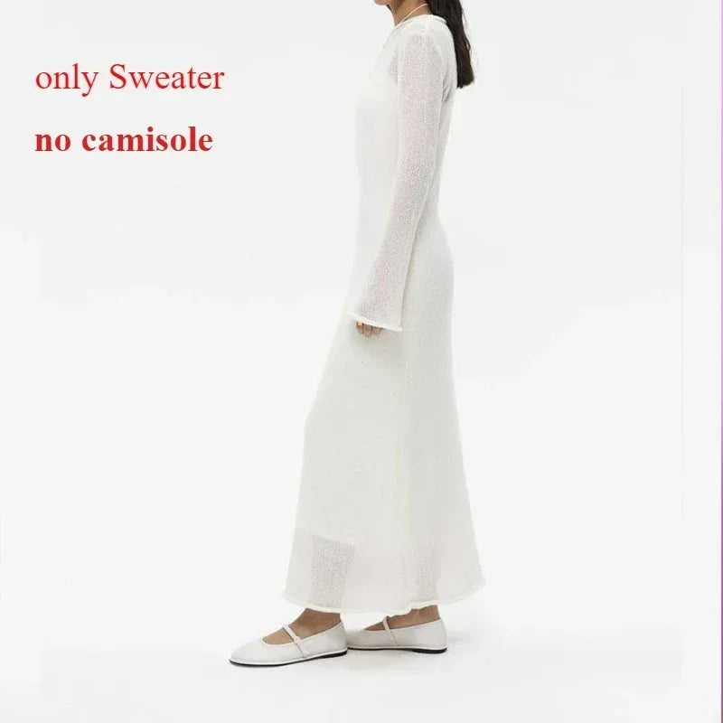 Spring Autumn O-Neck Elastic Knit Long Dresses Women 2024 Elegant Chic Soft Lady Hollowing Sweater Dresses Femme New