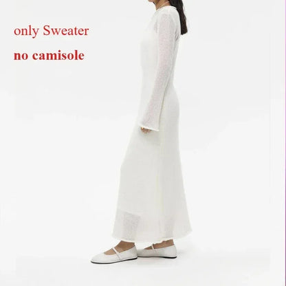 Spring Autumn O-Neck Elastic Knit Long Dresses Women 2024 Elegant Chic Soft Lady Hollowing Sweater Dresses Femme New