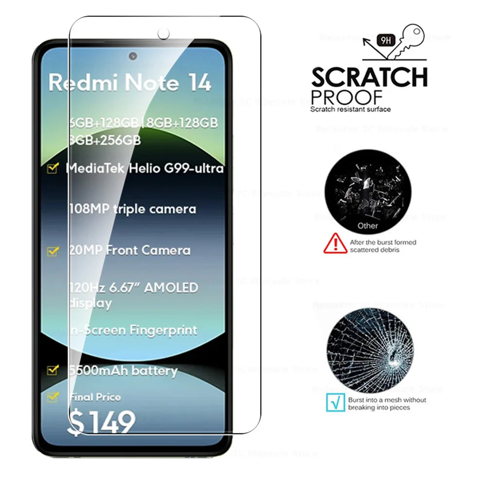 4-1Pcs 9H Premium Protective Glass For Xiaomi Redmi Note 14 4G 5G Global Screen Protector Redmy Note14 Note 14 RedmiNote14 Films