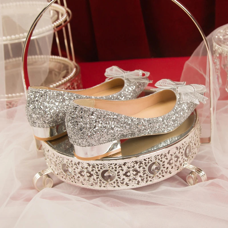 Crystal Butterfly-knot Flat Wedding Shoes Slip  Shoes Women Shiny Gold Silver Bridal Shoes Beaded  Flat Heels Med (3cm-5cm)