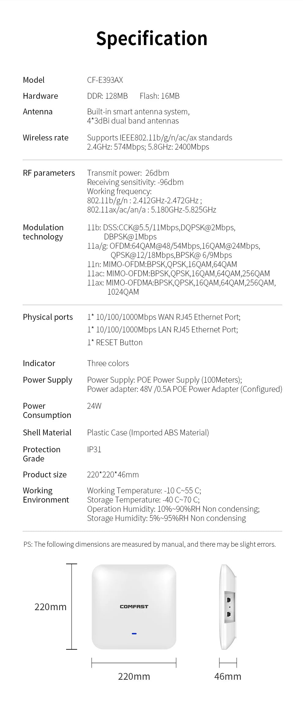 COMFAST WiFi6 High Power Ceiling AP AX3000 Gigabit Wireless Cover Access Point 2.4G 5Ghz 802.11AX Wi-Fi POE MU-MIMO CF-E393AX
