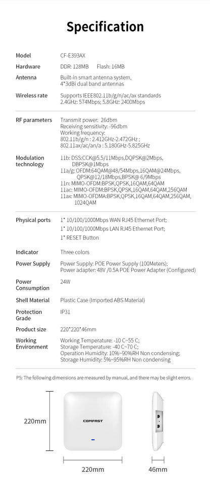 COMFAST WiFi6 High Power Ceiling AP AX3000 Gigabit Wireless Cover Access Point 2.4G 5Ghz 802.11AX Wi-Fi POE MU-MIMO CF-E393AX