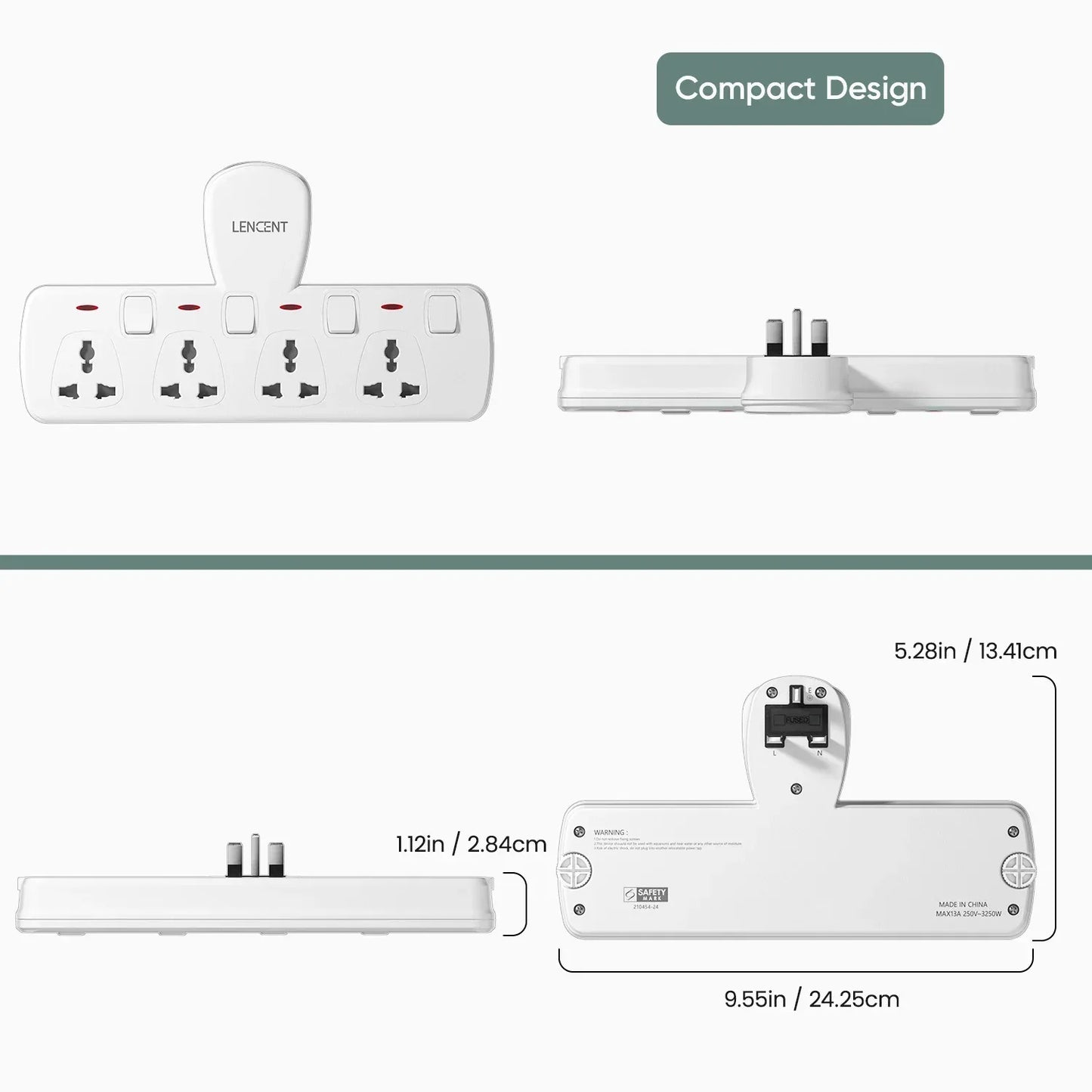 LENCENT Multi Plug Extension Socket with 4 Universal AC Outlets 3250W 13A Extension Plug Adapter with Switch for Home Office
