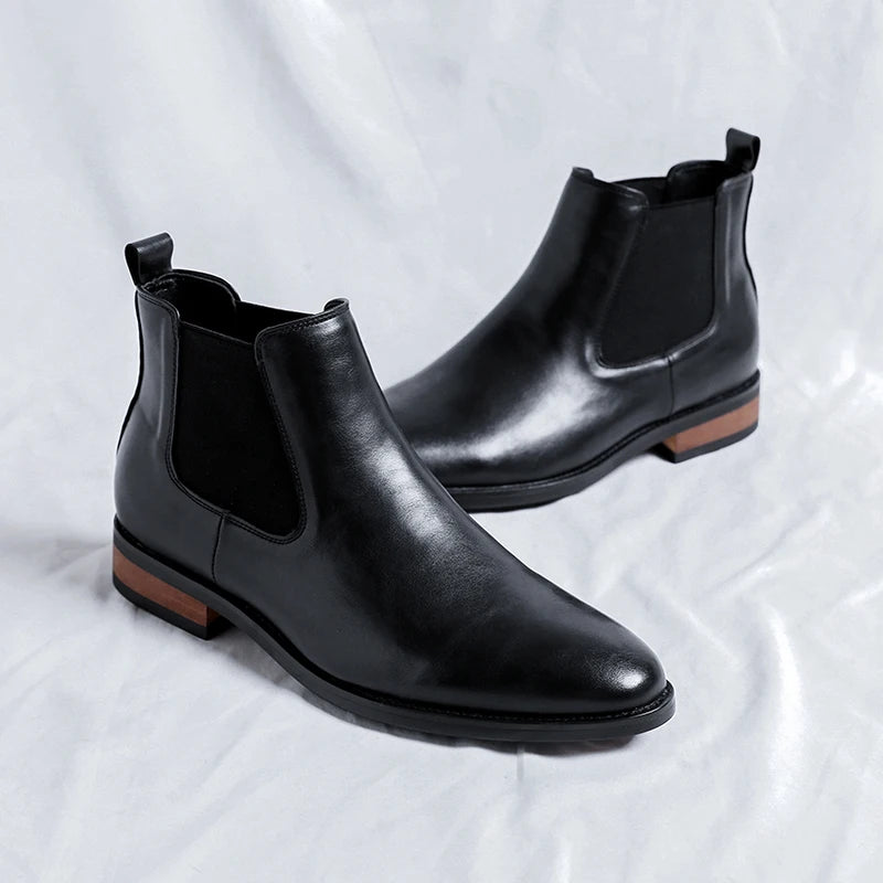 Genuine Leather Classic Men High Top Chelsea Ankle Boots High Quality Mens Casual Dress Business Shoes Comfy OutdoorBasic Boots