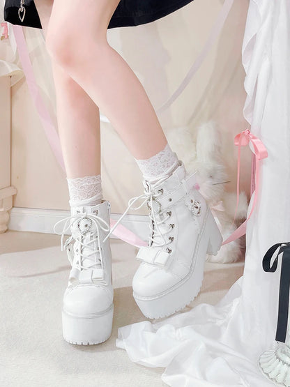 Japanese Mine Lolita Short Boots for Women Mass Production Love Rhinestone Buckle Bow Round Head Platform Boots Sweet Shoes