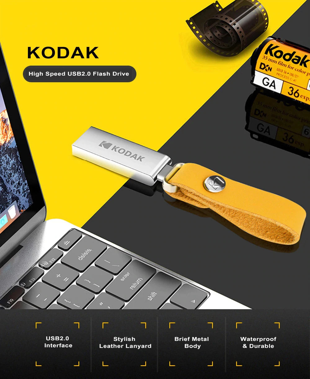 KODAK USB 2.0 Flash Drive 128GB 64GB 32GB Pen Drive Waterproof Mini Memory Stick Leather Metal U Disk