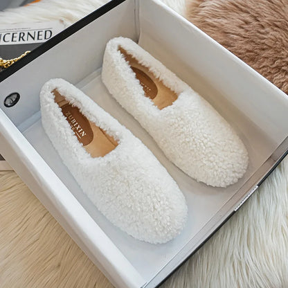 Big Size 43 Women Lambswool Slippers Winter Sheep Fur Shoes Ladies Flat Cotton Slides Home Pantuflas Daily Slip On Furry Mules