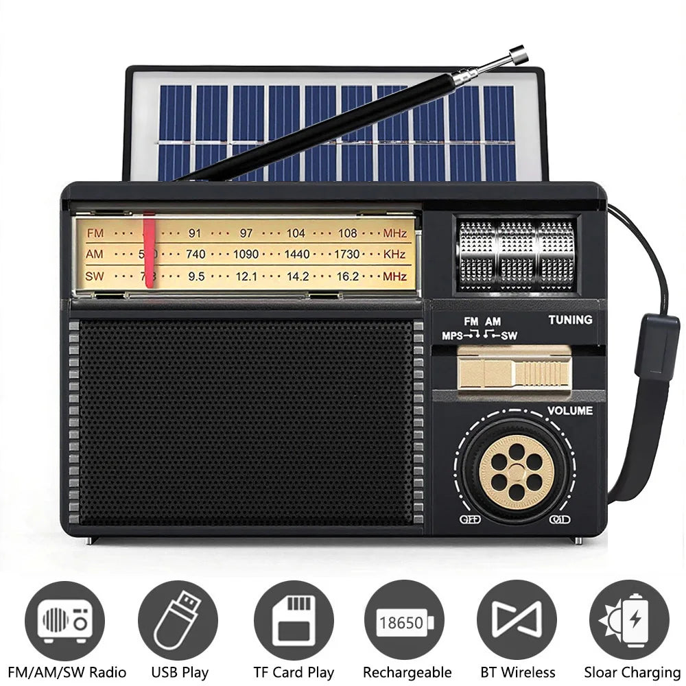 Vintage Solar AM/FM/SW Bluetooth Speaker Radio with USB/TF MP3 Player, Rechargeable Battery FM Receiver Radio for Home&Outdoor