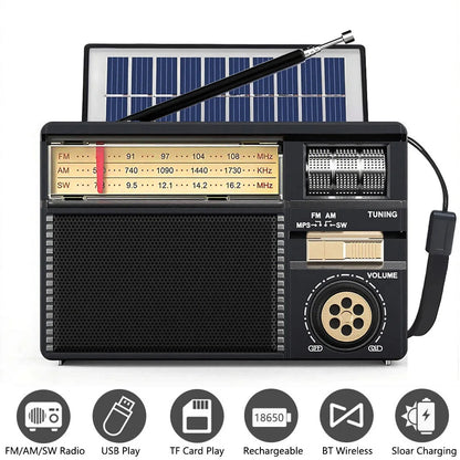 Vintage Solar AM/FM/SW Bluetooth Speaker Radio with USB/TF MP3 Player, Rechargeable Battery FM Receiver Radio for Home&Outdoor
