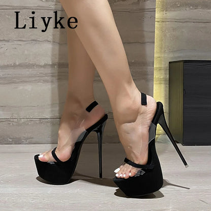 Liyke Model Catwalk Extreme High Heels Sexy 16 CM Transparent Sandal Women Snake Print Open Toe Slip-On Back Strap Platform Shoe