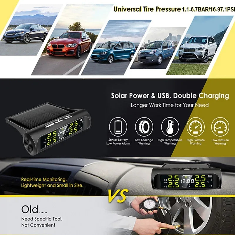 Wireless Solar Charging TPMS Real-time Monitoring with Electronic Clock Display 4 Sensors Tire Pressure Monitoring System