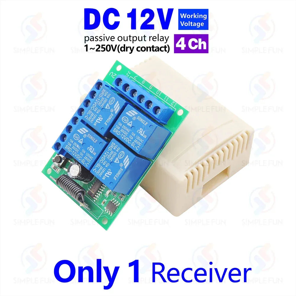 433Mhz Universal Wireless Remote Control Light Switch DC 12V 4CH RF Relay Receiver 60m Range for Light/Garage Door/LED DIY