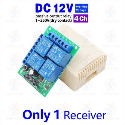 433Mhz Universal Wireless Remote Control Light Switch DC 12V 4CH RF Relay Receiver 60m Range for Light/Garage Door/LED DIY