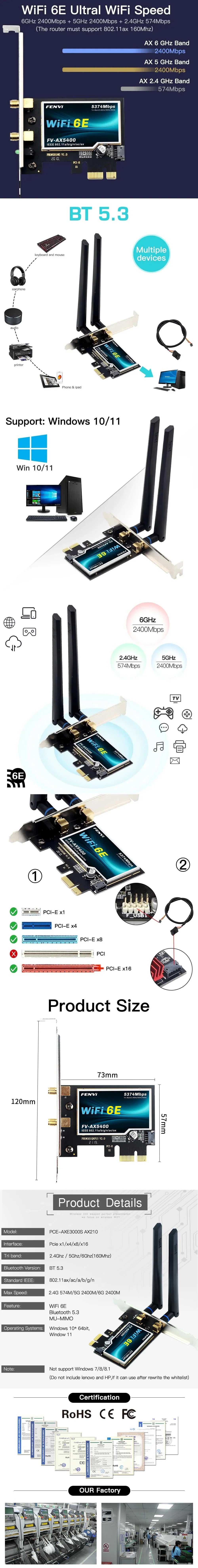 Fenvi AX210 WiFi 6E PCIE Wireless Adapter AXE5400 Tri Band 2.4G/5G/6GHz BT5.3 With PCI X1 3.0 Extension Cable for PC Win 10/11